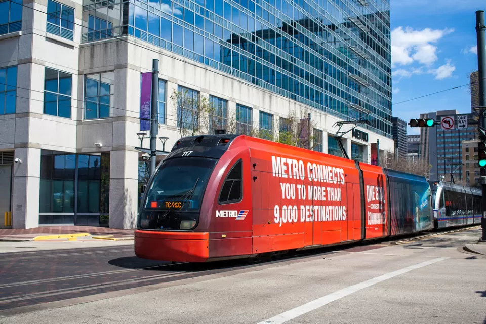 Red Metrorail train in downtown Houston, Texas